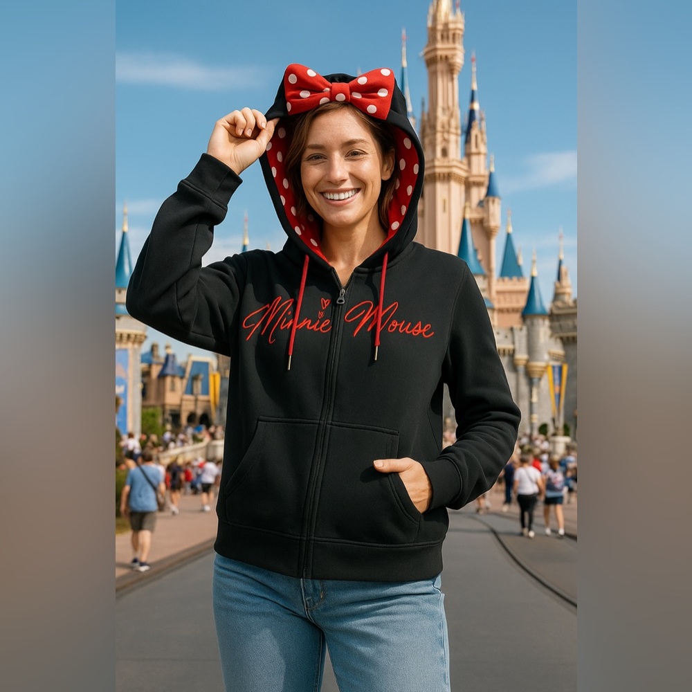 Disney Parks Minnie Mouse Hoodie XXL Black Zip Up Red Polka Dot Bow Theme Park